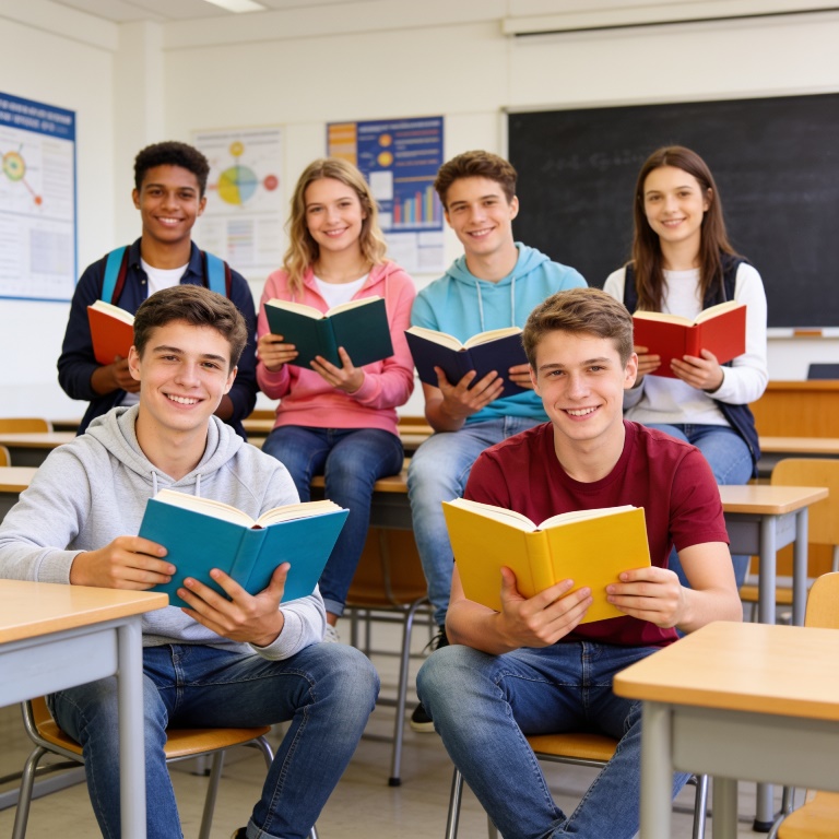 Jóvenes con libros revisando información
